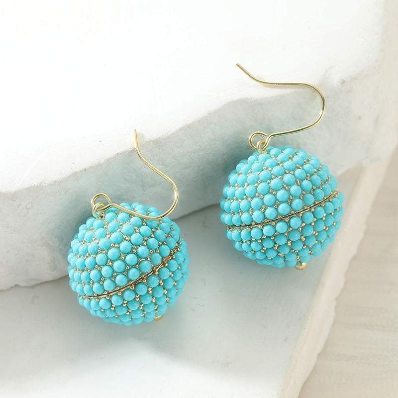 YOYO Feminine Spherical Synthesis Turquoise Pure Copper Base Lead-free Lady’s Earrings for Office Chic and Night-out